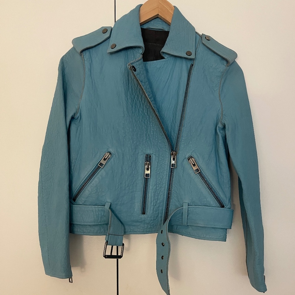 All Saints Blue Leather Jacket Pebble